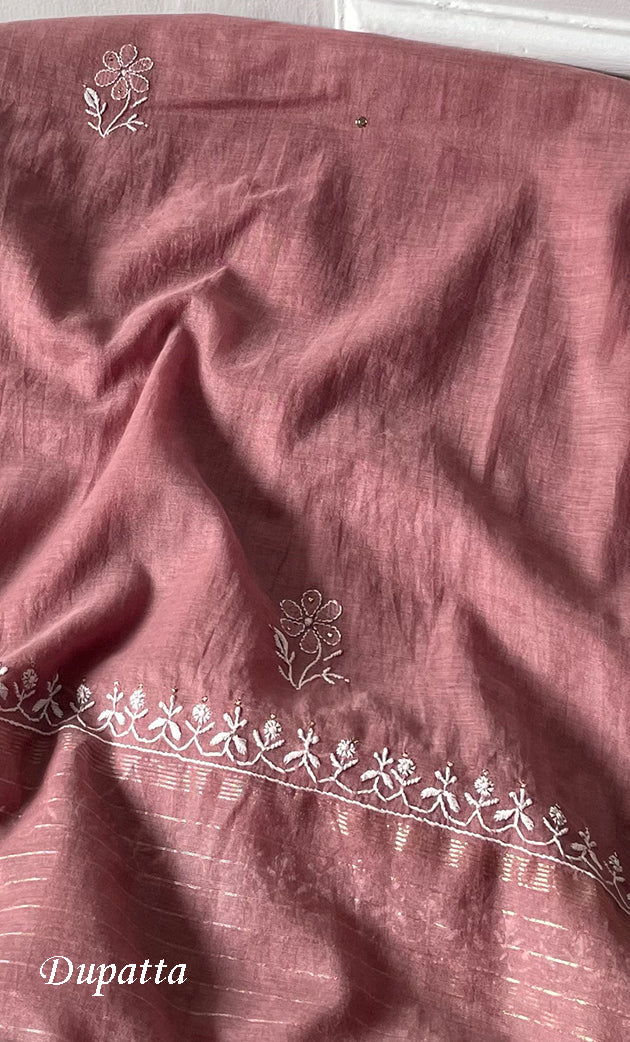 Women's Lakhnavi Handcrafted Mul Chanderi Semi -stitched Chikankari Full Suit Material - HONC0296117