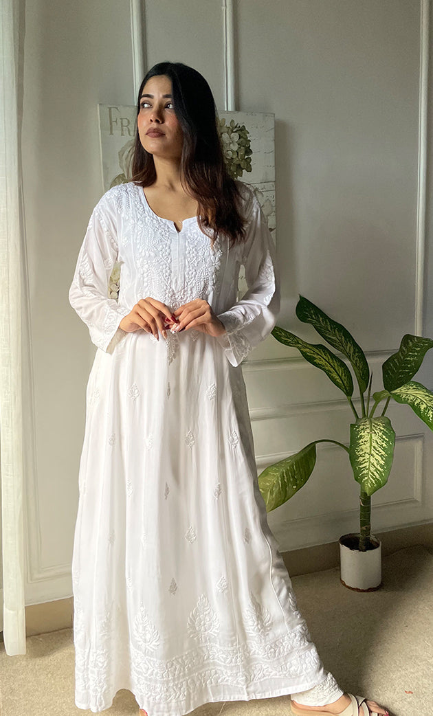 Women's Lucknowi Handcrafted Modal Cotton Chikankari Anarkali Dress - HONC0303892