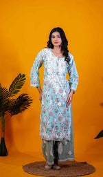 Load image into Gallery viewer, Ruskshi Women's Lakhnavi Handcrafted Cotton Chikankari Kurta And Palazzo Set - HONC0191156