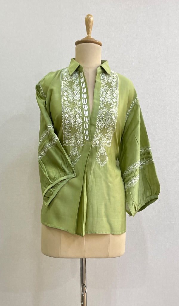 Fiza Women's Lakhnavi Handcrafted Chanderi Silk Semi- Stiched Chikankari Top - HONC0192134