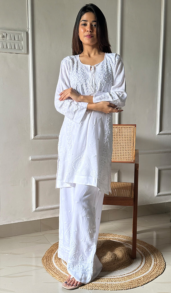 Women's Lakhnavi Handcrafted Modal Cotton Chikankari Top And Plazzo Set - HONC0290974