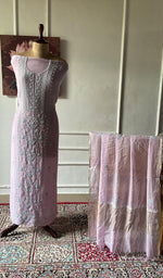 将图像加载到图库查看器中, Women's Lakhnavi Handcrafted Mul Chanderi Unstitched Chikankari Full Suit - HONC0371974