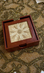 Load image into Gallery viewer, Handcrafted Chikankari Tea Coaster Set with Wooden Holder – Set of 6 - HONC0310084