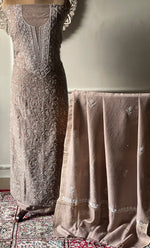 Load image into Gallery viewer, Women's Lakhnavi Handcrafted Unstitched Munga Silk Chikankari Kurta And Dupatta Set- HONC0280937