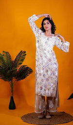 Load image into Gallery viewer, Ruskshi Women's Lakhnavi Handcrafted Cotton Chikankari Kurta And Palazzo Set - HONC0191211