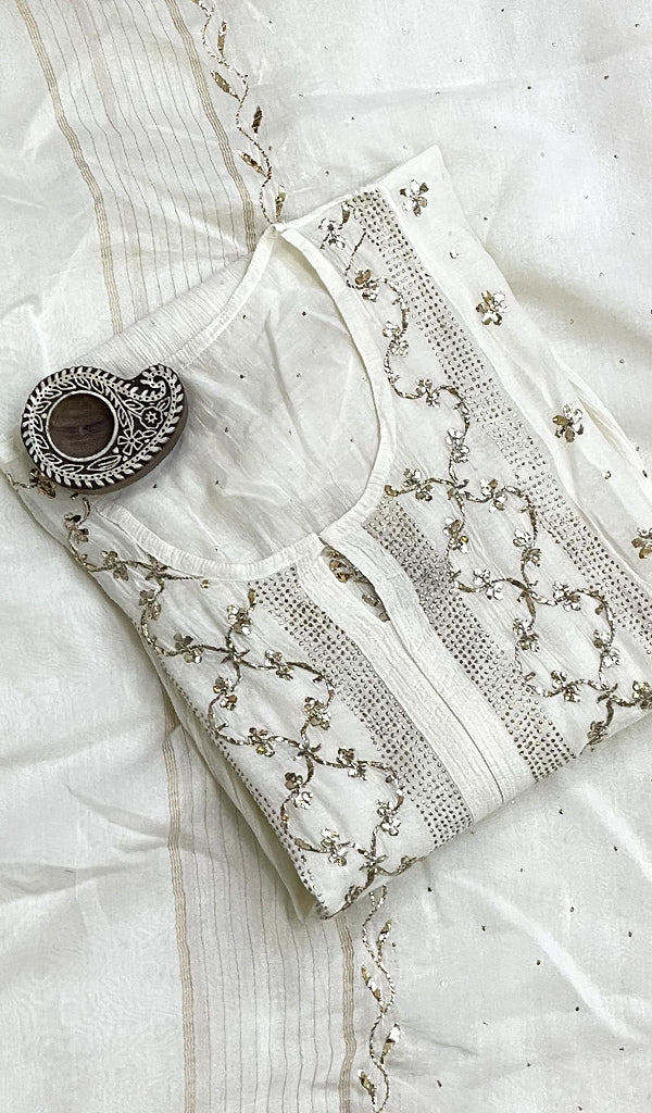 Women's Lakhnavi Handcrafted Chanderi Silk Semi - Stitched  Chikankari Kurta Dupatta Set -  HONC0203330