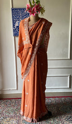 将图像加载到图库查看器中, Women's Lakhnavi Handcrafted Pure Silk Georgette Chikankari Saree - HONC0216637