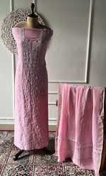 Load image into Gallery viewer, Women's Lakhnavi Handcrafted Unstitched Munga Silk Chikankari Kurta And Dupatta Set- HONC0274526
