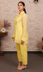 Load image into Gallery viewer, Women's Lucknowi Handcrafted Mul Chanderi Stitched Chikankari Kurta And Plazzo Set- HONC0318573