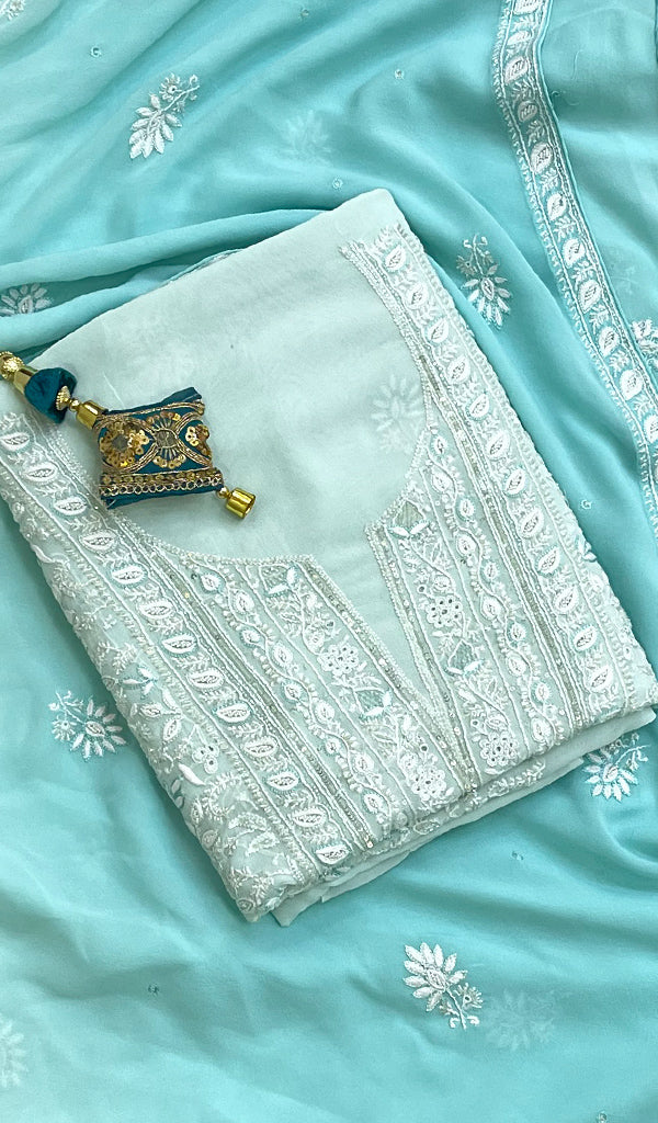 Women's Lakhnavi Handcrafted Pure Silk Georgette Chikankari Kurta  And Dupatta Set- HONC0108297