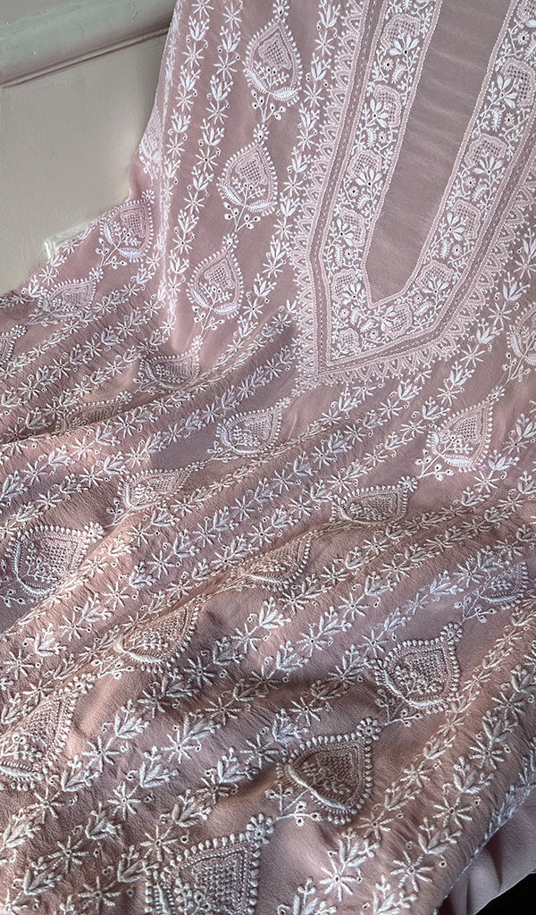 Lucknowi Handcrafted Pure Silk Georgette Chikankari Unstitched Men's Kurta Fabric - HONC0260879