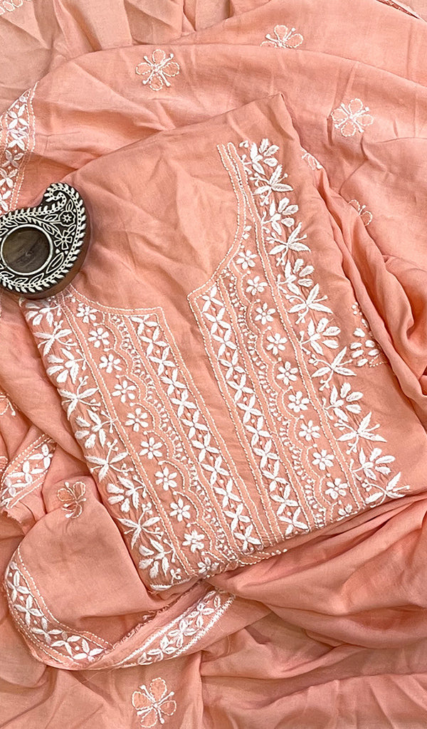 Women's Lakhnavi Handcrafted Modal Cotton Chikankari Kurta And Dupatta Set- HONC0197254