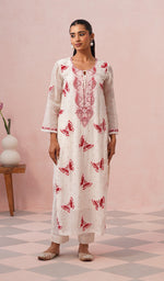 Load image into Gallery viewer, Titlee Women's Lakhnavi Handcrafted Mul Chanderi Chikankari Stitched Kurta, Dupatta And Pant Set - HONC0659745