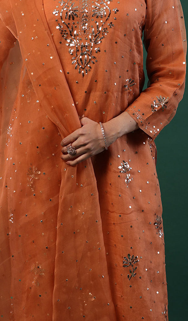 Women's Lucknowi Handcrafted Pure Organza Silk Stitched Chikankari Kurta, Dupatta  With Pant Set- HONC0103360