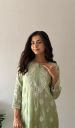 Load image into Gallery viewer, Women's Lucknowi Handcrafted Mul Chanderi Stitched Chikankari Kurta And Plazzo Set- HONC0378791