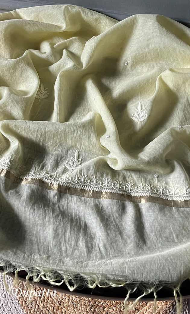 Women's Lakhnavi Handcrafted Mul Chanderi Semi - stitched Chikankari Full Suit Material - HONC0333491 main image 1