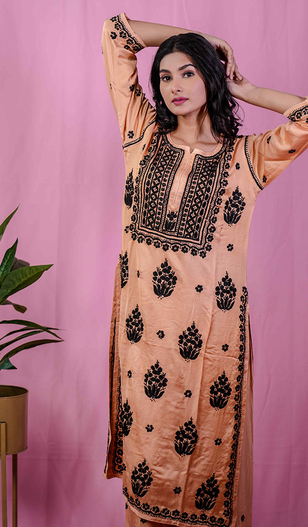 Shifa Women's Lakhnavi Handcrafted Modal Cotton Chikankari Kurta And Palazzo Set - HONC0205182