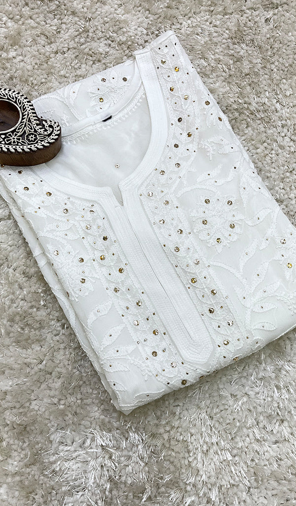 Women's Lakhnavi Handcrafted Viscose Georgette Chikankari Kurti- HONC0161859