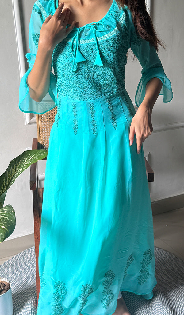 Aadab Women's Lucknowi Handcrafted Faux-Georgette Chikankari Anarkali Dress - HONC038933