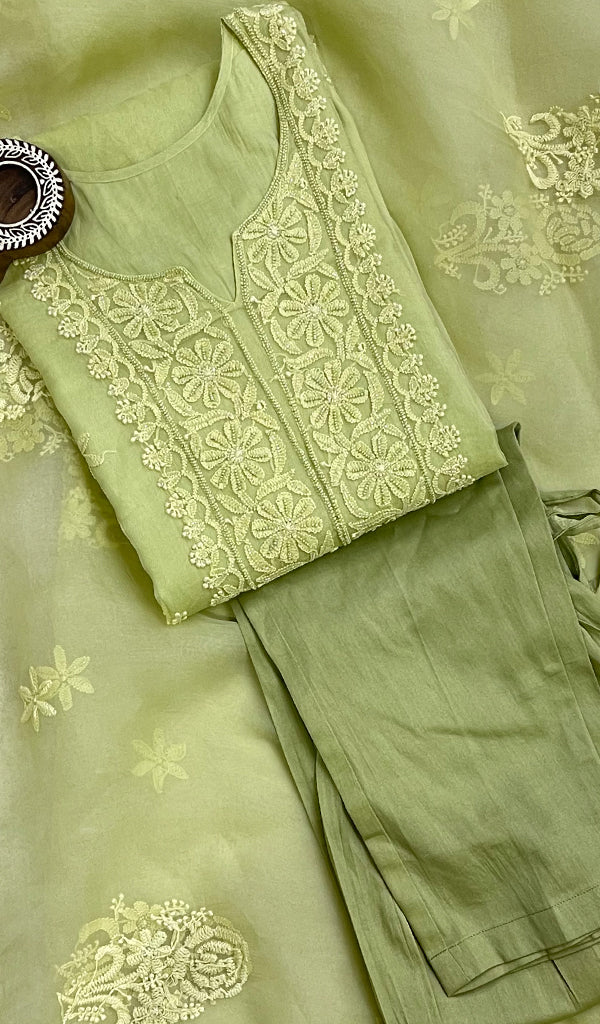 Women's Lucknowi Handcrafted Pure Organza Silk Stitched Chikankari Kurta, Dupatta With Pant Set- HONC029545