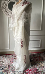Load image into Gallery viewer, Women's Lucknowi Handcrafted Pure Organza Silk Chikankari Saree - HONC0329244