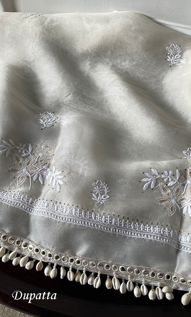 Women's Lakhnavi Handcrafted Pure Organza Chikankari Unstitched Kurta And Dupatta Set- HONC0320499