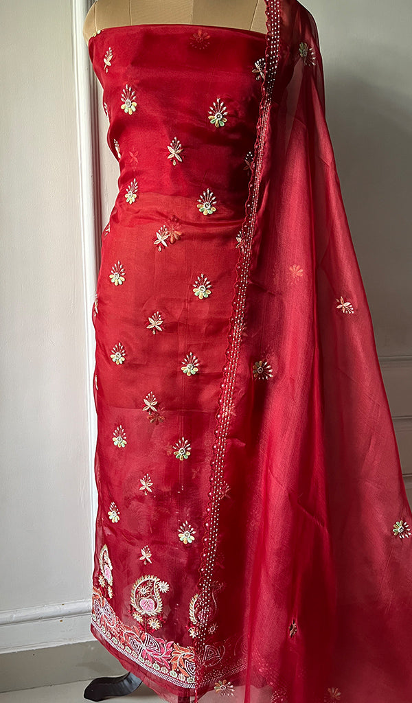 Women's Lakhnavi Handcrafted Pure Organza Chikankari Unstitched Kurta And Dupatta Set- HONC0272164