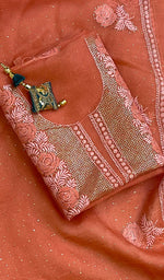 Load image into Gallery viewer, Rose Women's Lakhnavi Handcrafted Pure Organza Chikankari Unstitched Kurta And Dupatta Set- HONC0174063