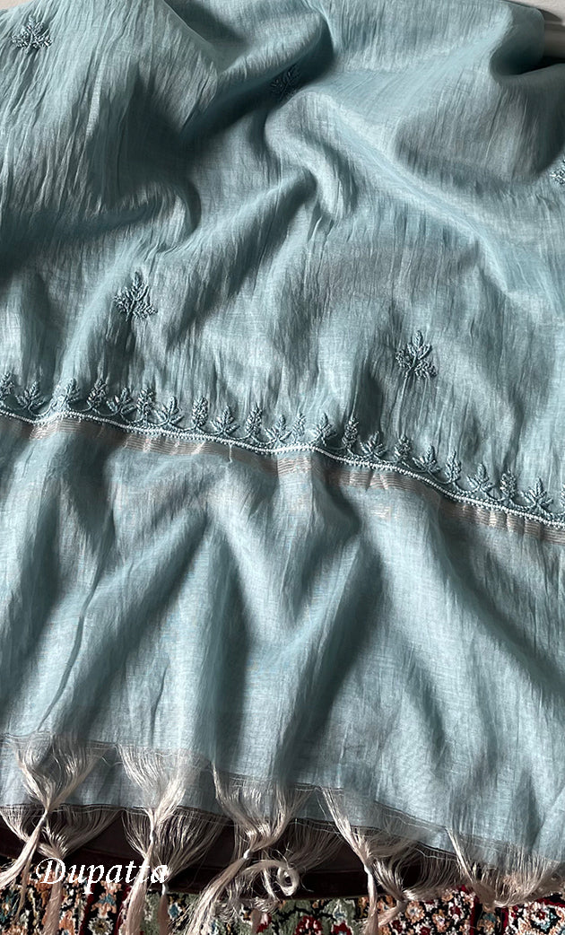 Women's Lakhnavi Handcrafted Mul Chanderi Unstitched Chikankari Full Suit Material - HONC0314656