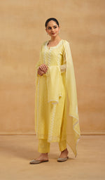 Load image into Gallery viewer, Saziya Women's Lakhnavi Handcrafted Mul Chanderi Chikankari Stitched Kurta, Dupatta And Pant Set - HONC0798462