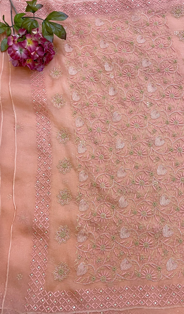 Women's Lucknowi Handcrafted Pure Organza Silk Chikankari Saree-HONC0116930