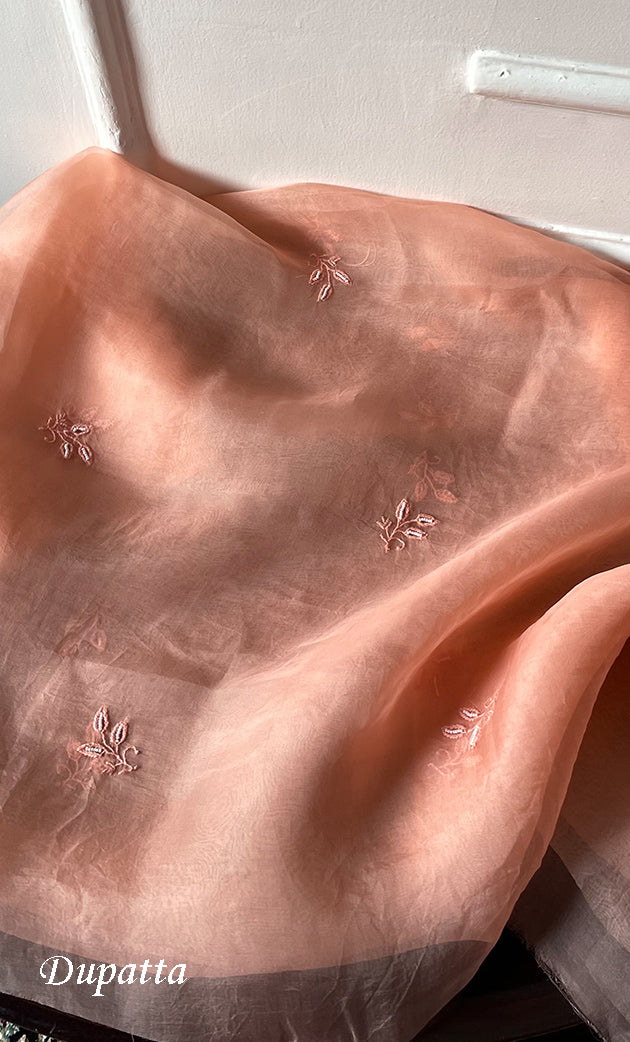 Women's Lakhnavi Handcrafted Pure Organza Chikankari Unstitched Kurta And Dupatta Set- HONC0314163