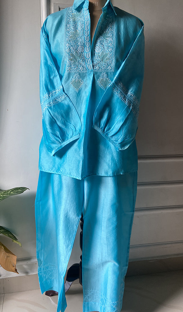 Afifa Women's Lakhnavi Handcrafted Chanderi Silk Chikankari Top And Pant Set - HONC0271700