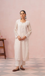Load image into Gallery viewer, Saziya Women's Lakhnavi Handcrafted Mul Chanderi Chikankari Stitched Kurta, Dupatta And Pant Set - HONC01327945