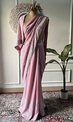 将图像加载到图库查看器中, Women's Lakhnavi Handcrafted Pure Silk Georgette Chikankari Saree - HONC0330945