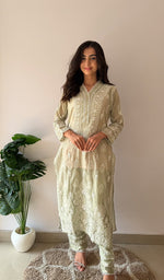 Load image into Gallery viewer, Women's Lucknowi Handcrafted Mul Chanderi Stitched Chikankari Kurta And Plazzo Set- HONC0378820