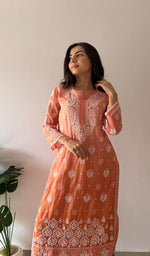 Load image into Gallery viewer, Women's Lucknowi Handcrafted Mul Chanderi Stitched Chikankari Kurta And Plazzo Set- HONC0379063
