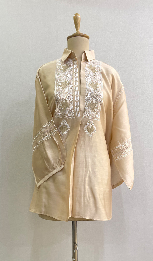 Fiza Women's Lakhnavi Handcrafted Chanderi Silk Semi- Stiched Chikankari Top - HONC0188986