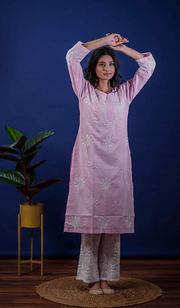 Pink Women's Lucknowi Handcrafted Cotton Chikankari Kurti
