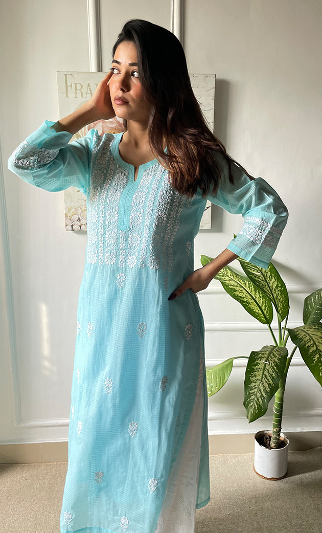 Women's Lakhnavi Handcrafted Kota Cotton Chikankari Kurti - HONC0306064