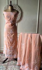 Load image into Gallery viewer, Women's Lucknowi Handcrafted Kota Cotton Chikankari Unstitched Kurta And Dupatta Set - HONC0325515