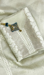 Load image into Gallery viewer, Rose Women's Lakhnavi Handcrafted Pure Organza Chikankari Unstitched Kurta And Dupatta Set- HONC0168389