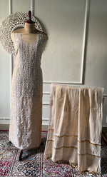 Load image into Gallery viewer, Women's Lakhnavi Handcrafted Tissue Chanderi Unstitched Chikankari Kurta And Dupatta Set - HONC0339374