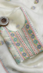 将图像加载到图库查看器中, Women's Lakhnavi Handcrafted Pure Organza Chikankari Unstitched Kurta And Dupatta Set - HONC0147631