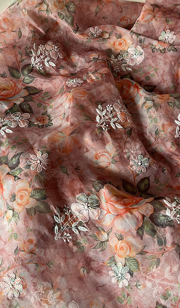 Women's Lakhnavi Handcrafted Organza Chikankari Unstitched Kurta And Dupatta Set - HONC0268888