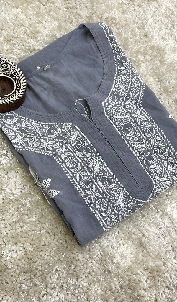 Grey Women's Lucknowi Handcrafted Cotton Chikankari Kurti