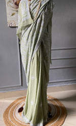 Load image into Gallery viewer, Women's Lakhnavi Handcrafted Pure Silk Georgette Chikankari Saree - HONC0284206