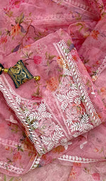 将图像加载到图库查看器中, Women's Lakhnavi Handcrafted Organza Chikankari Unstitched Kurta And Dupatta Set - HONC0130912