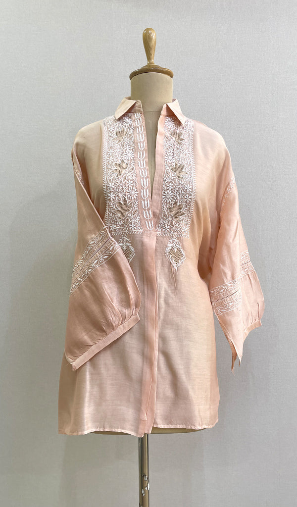 Fiza Women's Lakhnavi Handcrafted Chanderi Silk Semi- Stiched Chikankari Top - HONC0191703