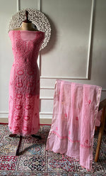 Load image into Gallery viewer, Women's Lakhnavi Handcrafted Mul Chanderi Unstitched Chikankari Full Suit Material - HONC0324503